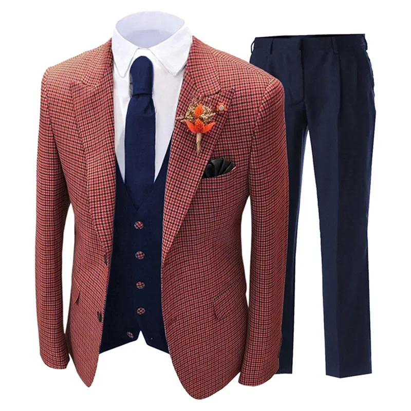 Men's Suit 3 Pieces Set Version Slim Fitting Casual Plaid Stripes Suitable For Wedding Banquets Jacket Vest With Pants