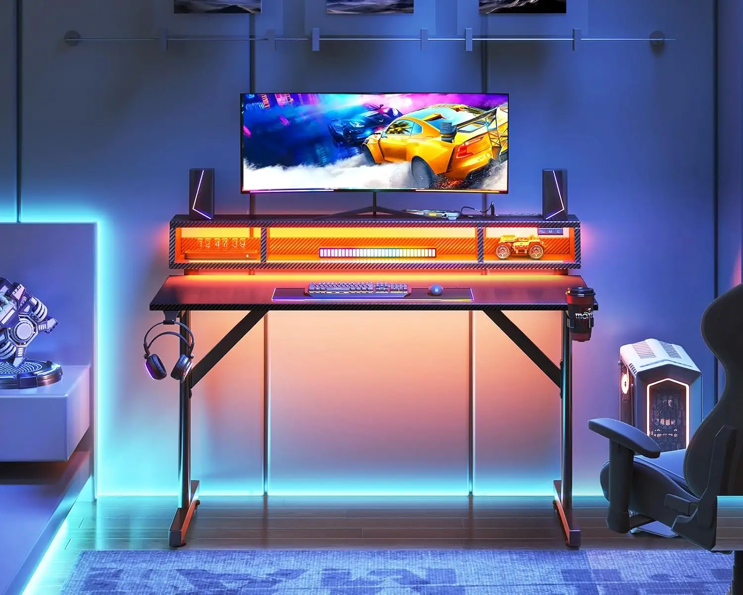 40 inch Gaming Desk with LED Lights & Power Outlets, Small Computer Gaming Table with Float Monitor Stand, Kids Boys Desk 2