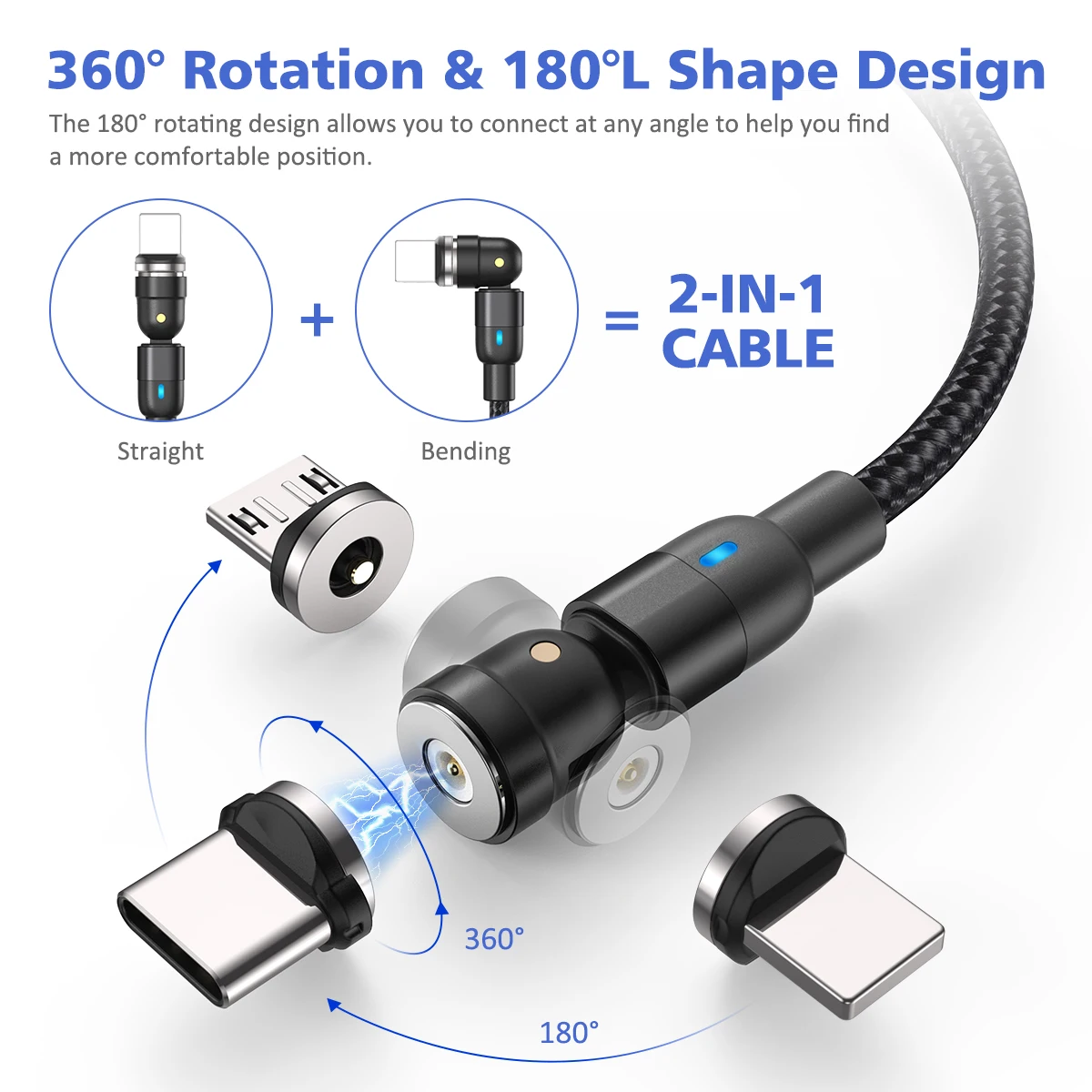 AUFU 5개/10개 1핀 540도 회전 마그네틱 케이블 2.4A 고속 충전 마그넷 충전기 마이크로 USB 타입 C 케이블 3 in 1 휴대폰 케이블