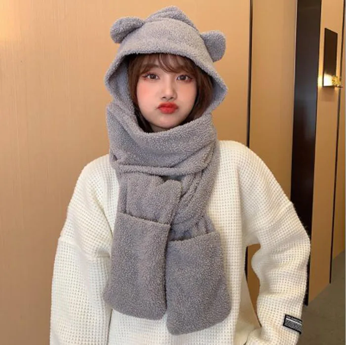New Cute Bear Ear Hat Scarf Gloves Set Women Winter Novelty Caps Warm Plush Hats Casual Solid Fleece Girl Party Accessories - 2