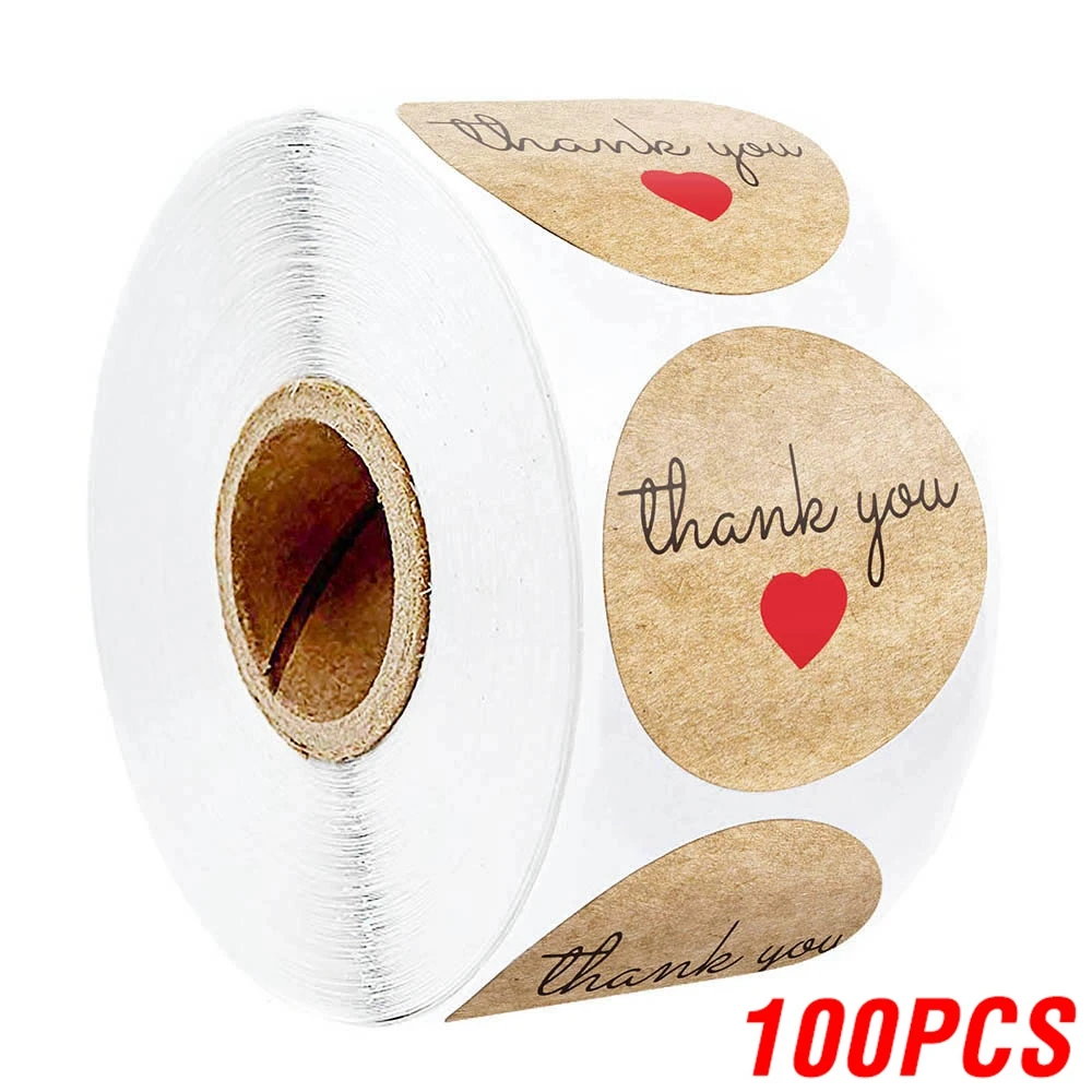 1in Natural Kraft thank you Stickers Heart shape seal labels 50-500pcs stickers scrapbooking for Package stationery sticker 