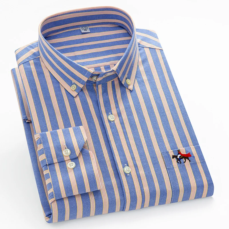 M~7XL High Quality 100% Cotton Oxford Mens Plaid Shirts Man Embroidery Casual Long Sleeve Shirt for Men White Blue Dress Shirt
