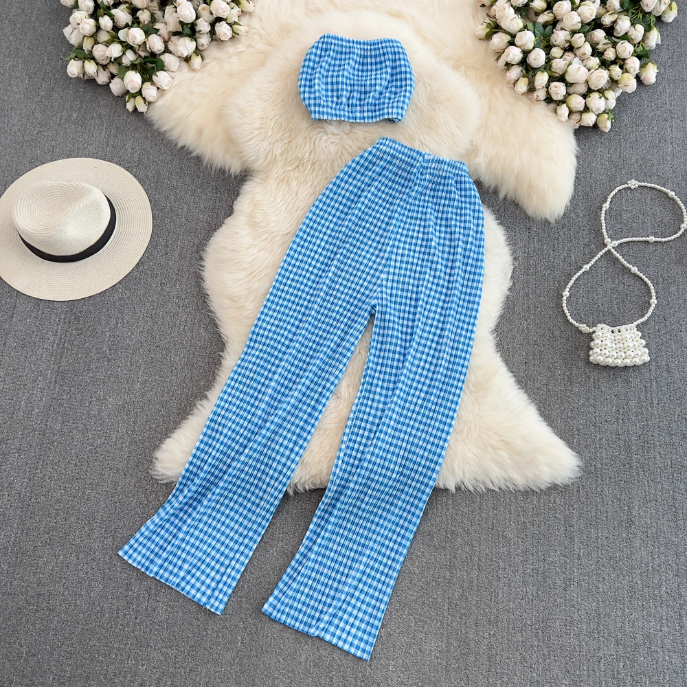 

2022 Fashion Suit Female Sexy Tube Top Two-piece High Waist Drape Casual Gradient Color Straight Wide Leg Pants