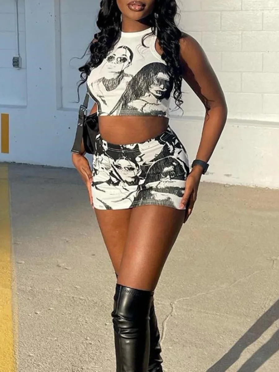 LW Crop Top Figure Print Skirt Set Sexy women's clothing Two pieces sets sleeveless Crop Top + mini skirts 2 Piece Matching Set