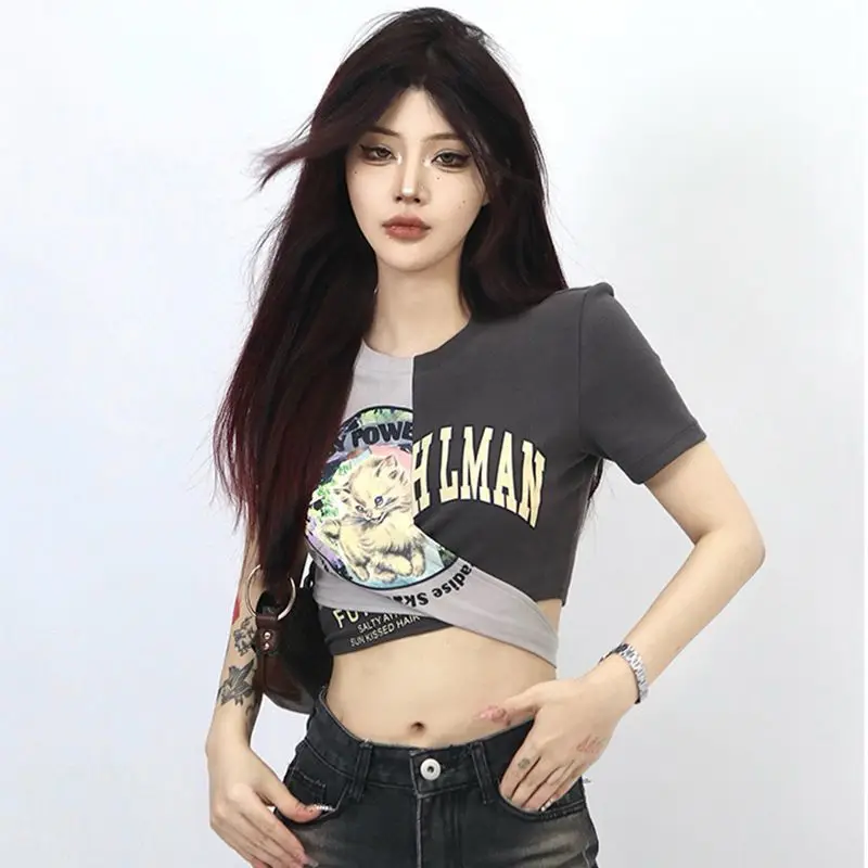 

American Retro Patchwork T-shirt Women Summer New Hotsweet Slim Crossover Strap Chic Print O-neck Short Sleeve Shirt