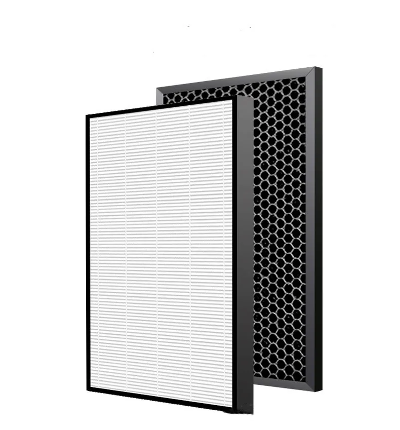 Filtre purificateur d'air HEPA rectangulaire avec cadre blanc et grille noire, posé sur fond neutre.
