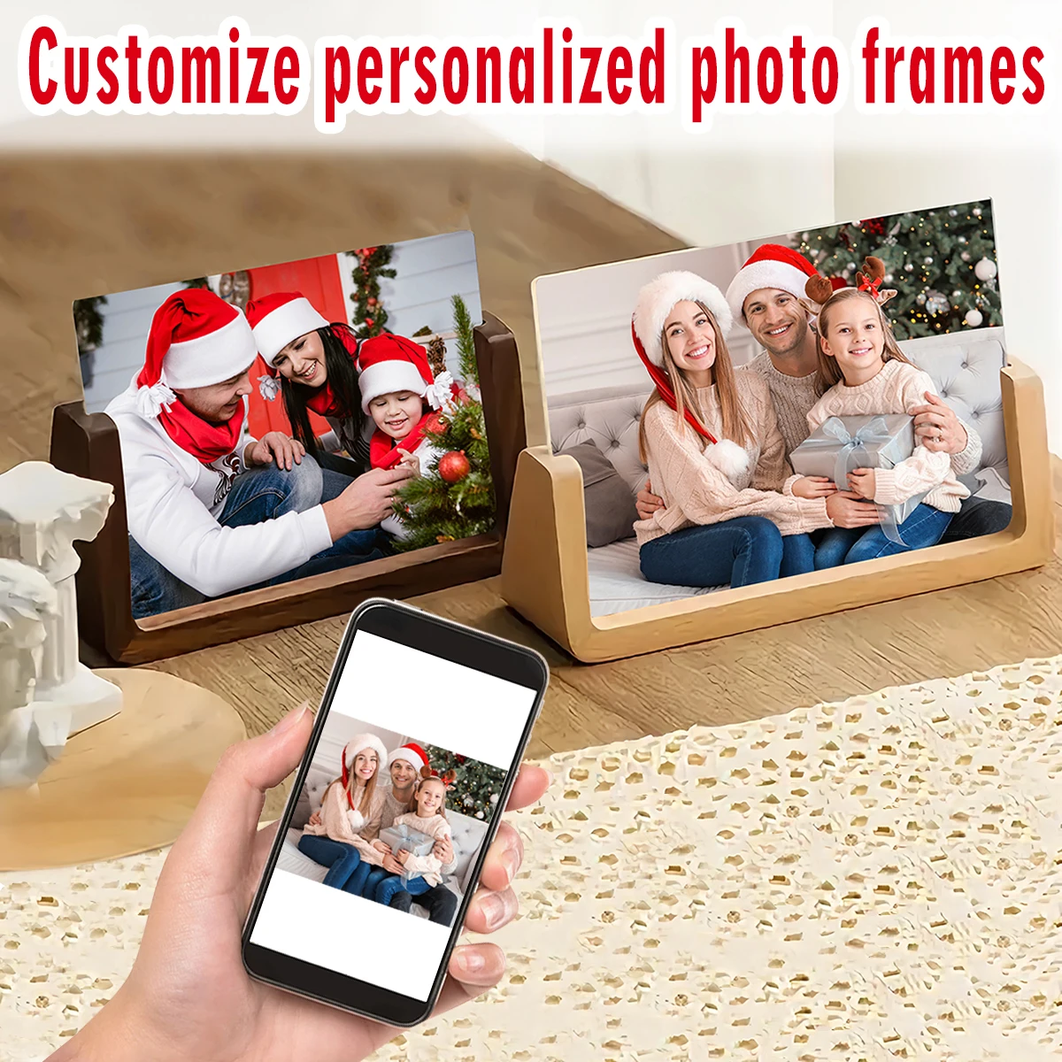 Personalized acrylic-wood photo frames, photo frame ornaments, and simple holiday gifts indoors commemorate precious memo