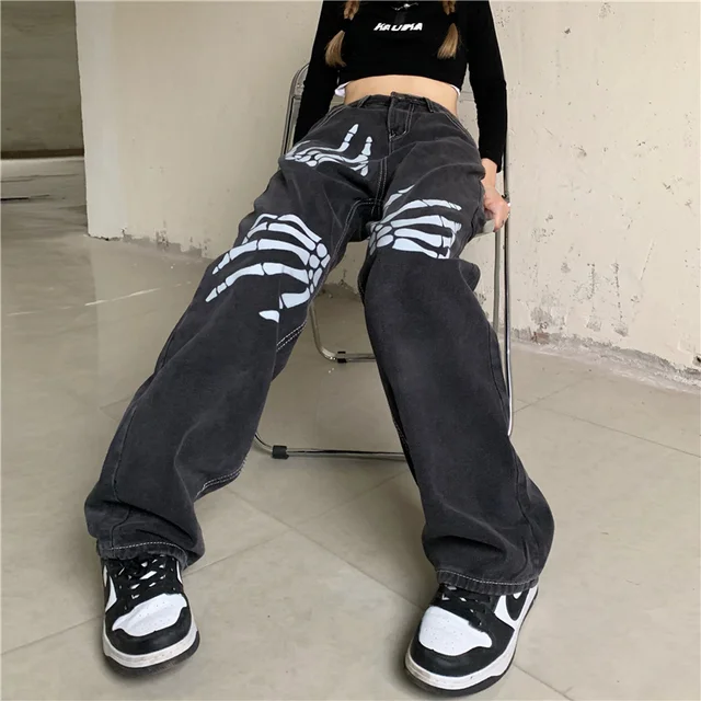 Anivia Jeans Y2K Harajuku Hip Hop Lucky Black Print Baggy Jeans