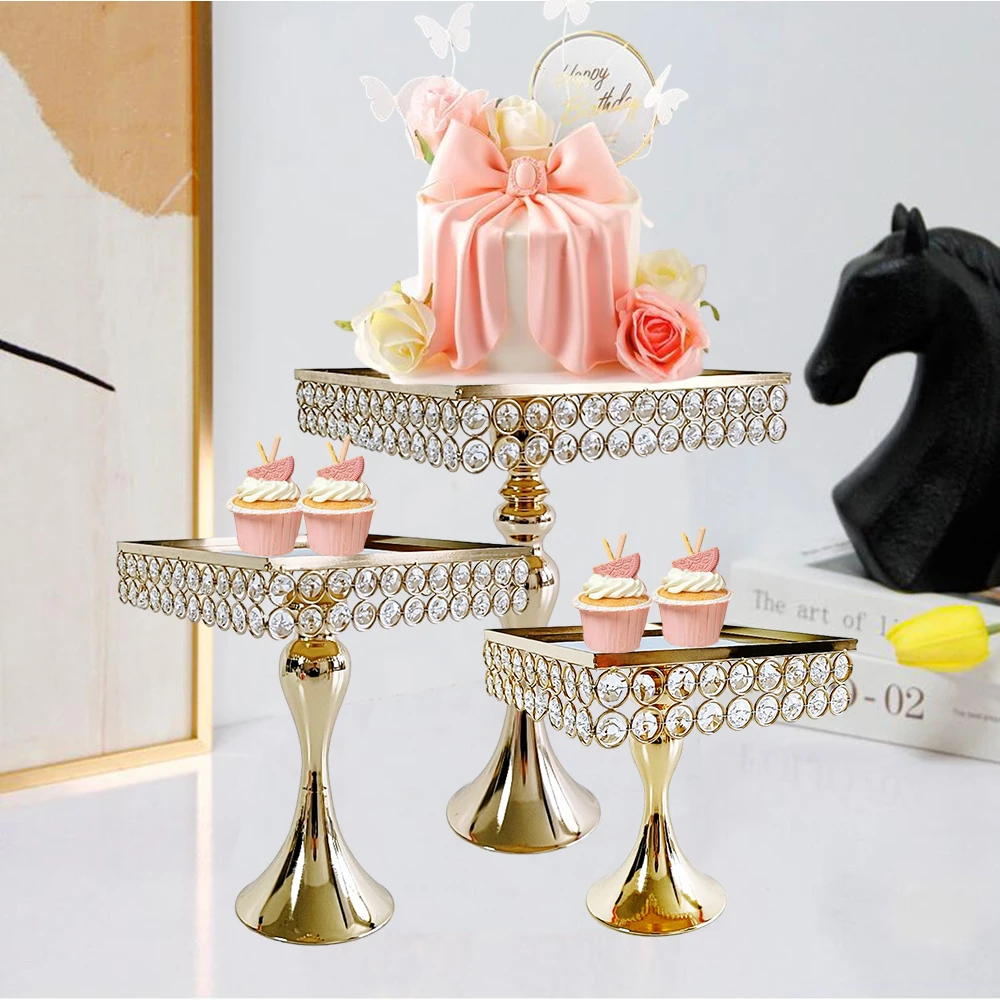 Square Gold Crystal Cake Stand 4Pcs- 17pcs/lot Perfect Wedding Birthday Baby Shower Party Crystal Footed Cake Plate Platter