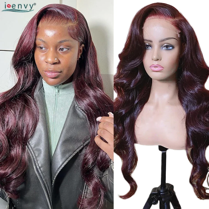 99J 버건디 HD 레이스 프론탈 가발 13X6 바디 웨이브 인모 가발 컬러 레이..