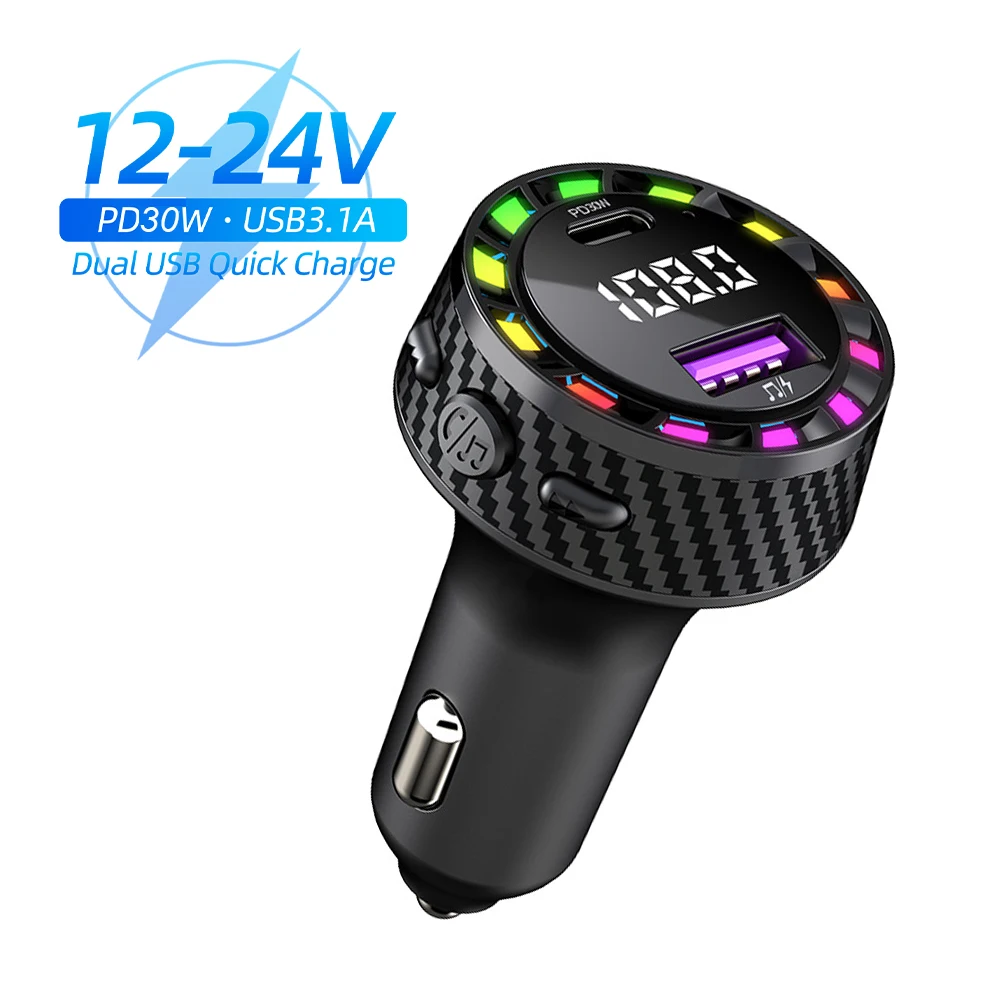 

Автомобильное зарядное устройство PD30W, USB-порт, адаптер для быстрой зарядки со светодиодной подсветкой, монитор напряжения, FM-передатчик Bluetooth для IPhone, Samsung, OPPO