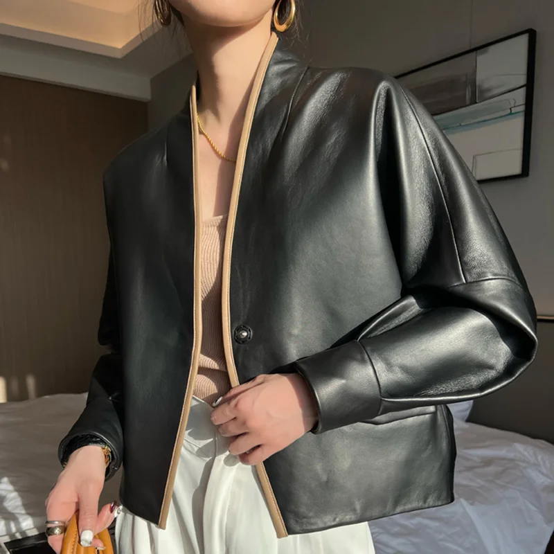 Women's Genuine Leather Jackets V-Neck Solid Windproof Short Coats Fashion Streetwear Elegant 2022 New Autumn Winter AEL4935