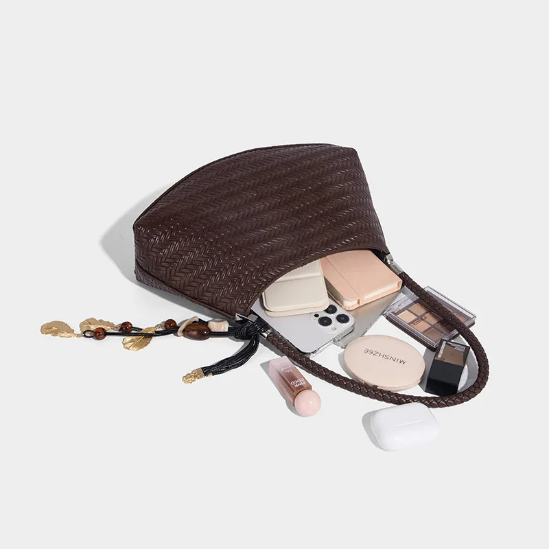 Handmade Weave PU Drawstring Tote Bags For Women Luxury Designer Handbags Purse 2025 New Vintage With Inner Pocket Shoulder