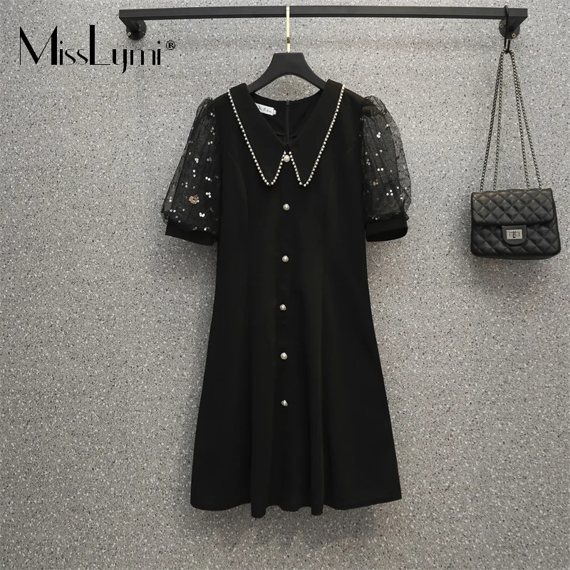 

MissLymi L-4XL Large Size Elegant Women Transparent Puff Sleeve Sequins Dress 2022 Summer Loose Mesh Patchwork Beaded Dress