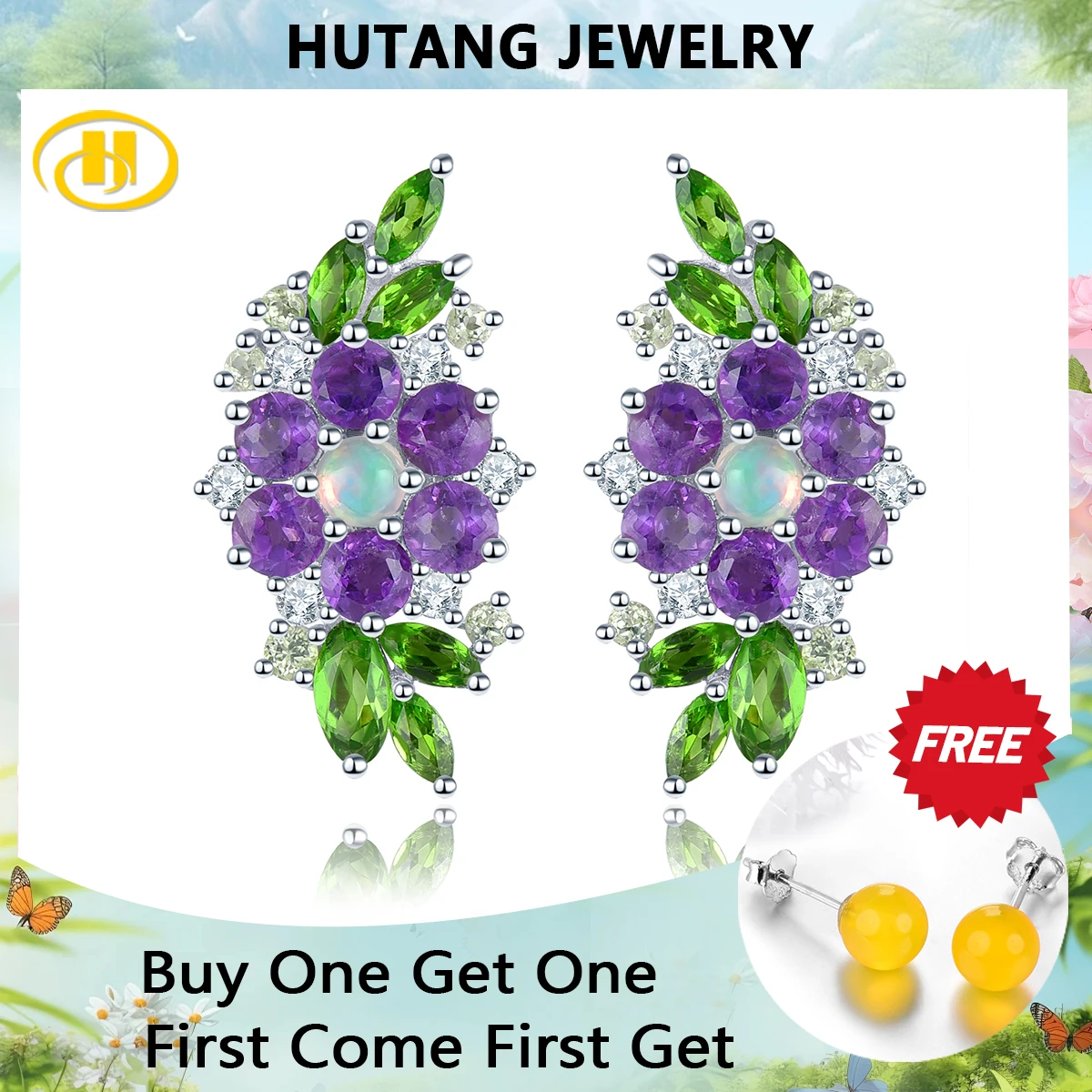 

Natural Amethyst Diopside Opal Multicolor Sterling Silver Stud Earring 2.5 Carats Gemstone Ladies Fine Jewelrys Daily Style