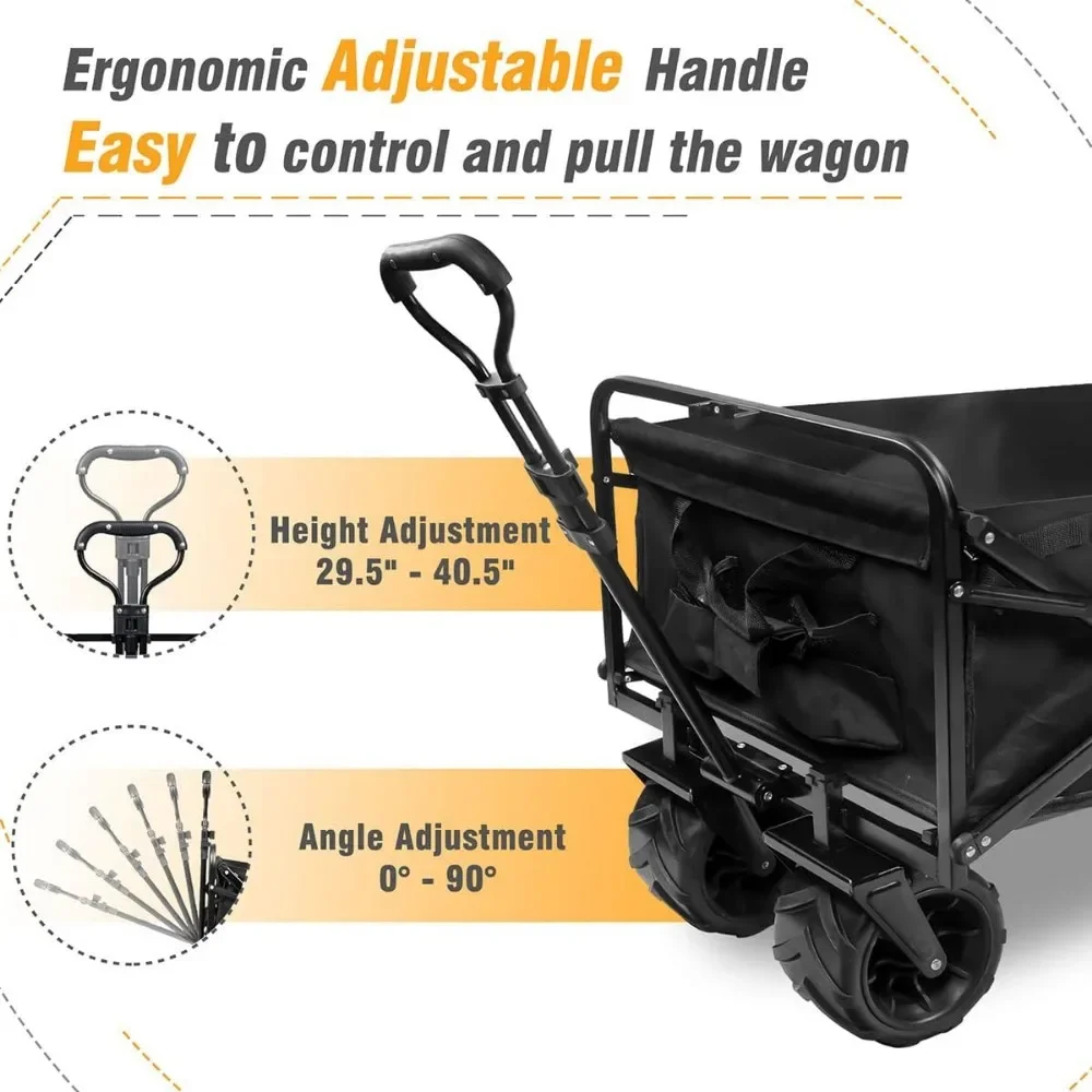 Collapsible Wagon Cart Heavy Duty Foldable Beach Cart W All-Terrain Wheels for Sand with Cargo Net, Straps, Utility Beach Wagon