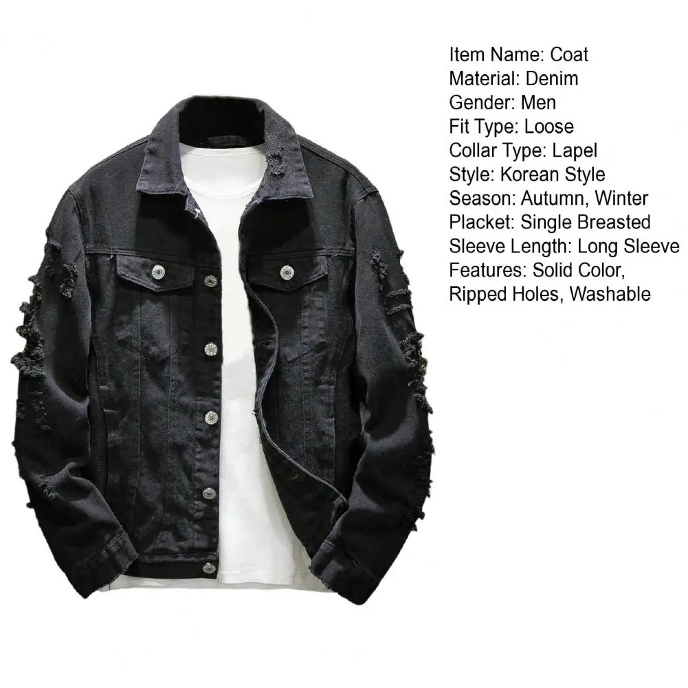 Giacca di jeans monopetto larga alla moda da uomo alla moda con buco strappato da indossare ogni giorno_voghion.com