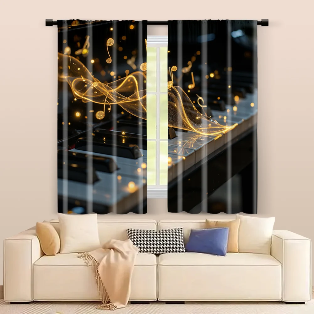 2 pcs, filtering curtains (excluding rods, non-movable, without batteries) Golden Piano & Musical Notes for use in bedrooms and 2