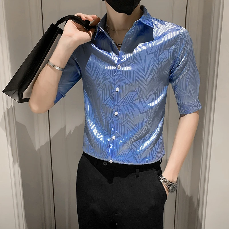 

Light Blue Smooth Satin Shirts For Mens Silk Stylish Clothing Party Wear Royal Blue Club 2022 Summer Fashionable Blouse Slim Fit