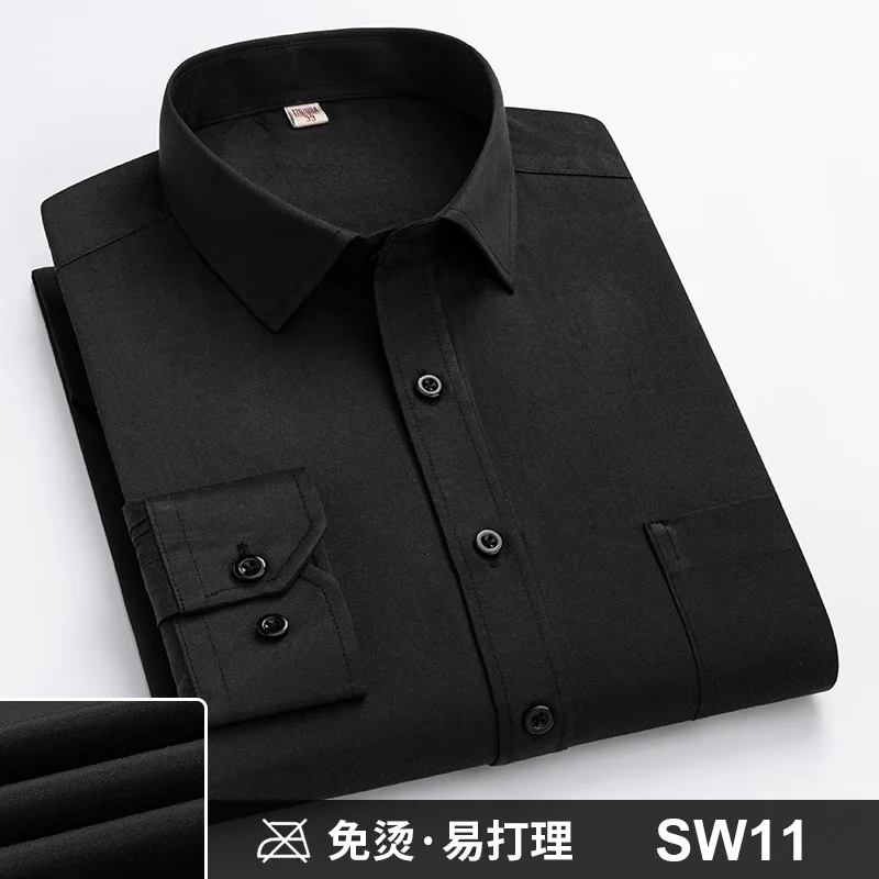 Men Formal Shirt Long Sleeve Office Solid Color Striped Anti-Wrinkle Non-ironing Fashion Business Pocket White Social Shirt 4XL