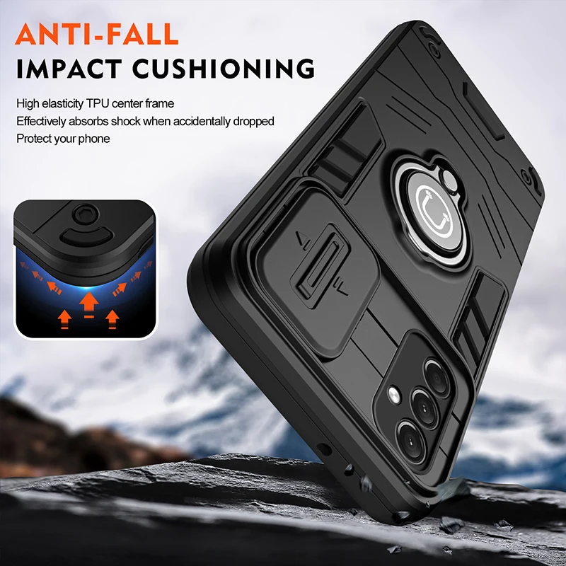 Shockproof Armor Phone Case with Magnetic Ring Holder and Wireless Charging Compatibility
