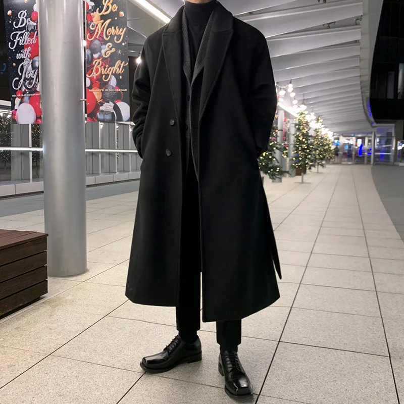 Woolen Overcoat Men's Winter Korean Version Premium Feel Over Knee Trench Coat Loose Vintage Thickened Woolen Jacket Trend