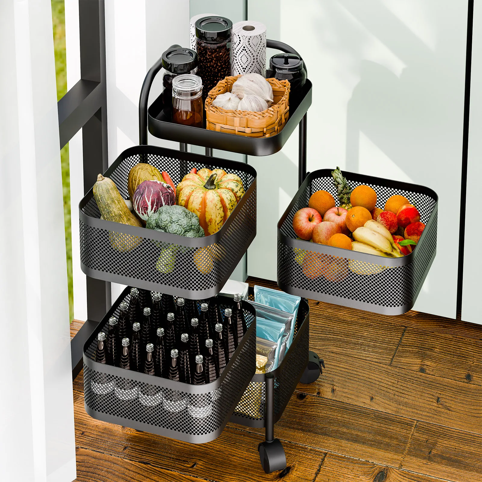 Multi-functional Storage Rack Vegetable Fruit Basket Removable Rotating Kitchen Shelving Shelf Rotating Trolley Furniture Home