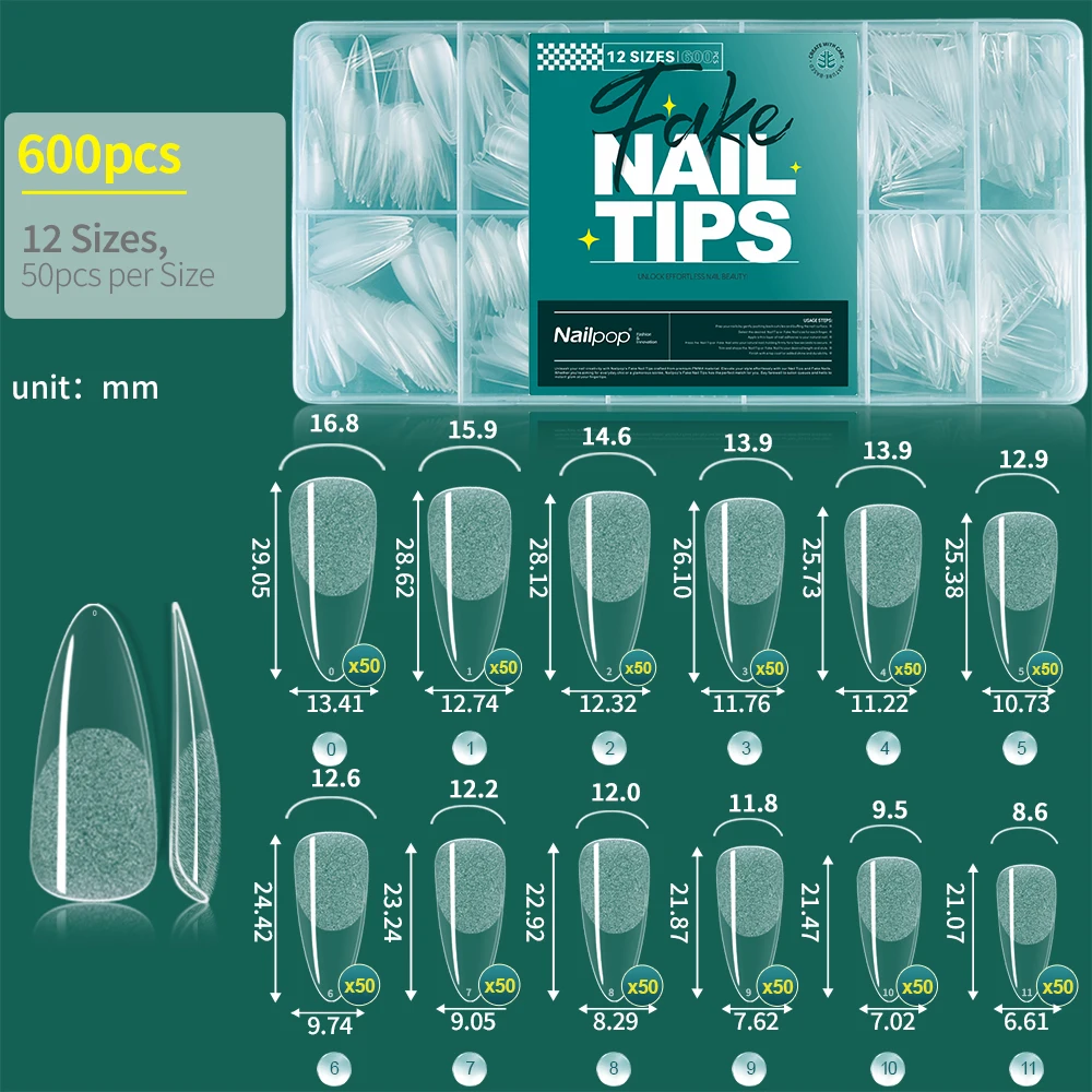 Soft Gel Nail Tips - Pre-Buff Full Cover Coffin, Almond, and Oval Shapes (600 Pieces)