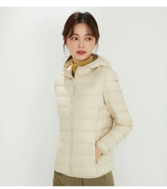white puffer Women 90% White Duck Down Jacket Autumn Female Ultra Light Down Jackets Slim Solid Long Sleeve Hooded Parkas Candy Color long puffa coat Coats & Jackets