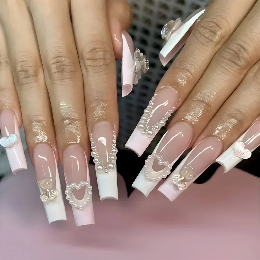 Ballet French Full Cover Fake Nails Bow Pearl Design False Nail Long Coffin Ballerina Wearable Press on Nails Manicure Tips 24Pc fake nails french nails nail tips false nails false nail tips