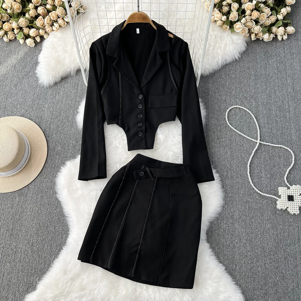 

Hot Girl Sexy Irregular Hollow Suit Jacket High Waist Slim A-line Skirt Fashion Two-piece Women
