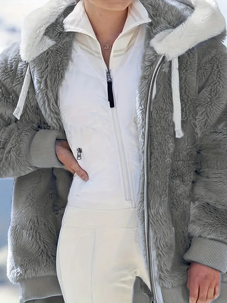 Women's Jacket Plush Zipper Pocket Hooded Long Sleeve Solid Fur Casual Loose Warm Winter Ladies Coats 2024 Fashion Thick Clothes 4