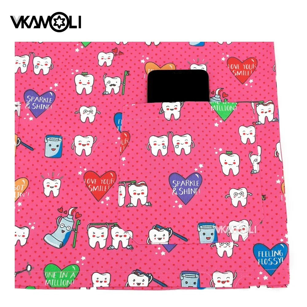 Dental Hospital Multi-Pocket Nursing Scrubs Tops Cute Cartoon Tshirt Short Sleeve V-Neck Tops dentist Working Uniform