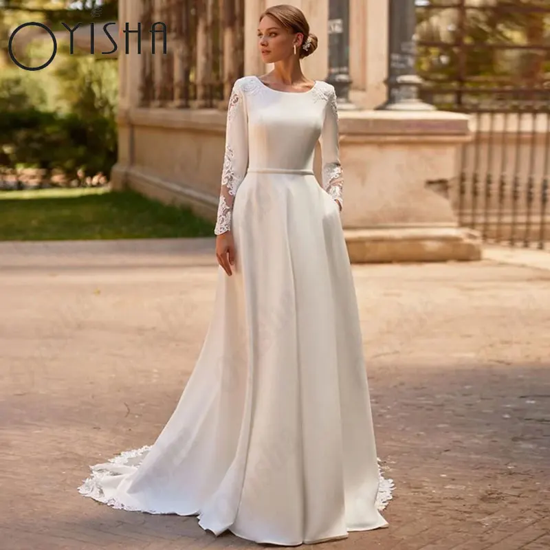 

OYISHA A-Line Satin Muslim Wedding Dresses Scoop Full Sleeves Appliques Exquisite Bridal Gowns For Woman Gorgeous Robe De Mariée