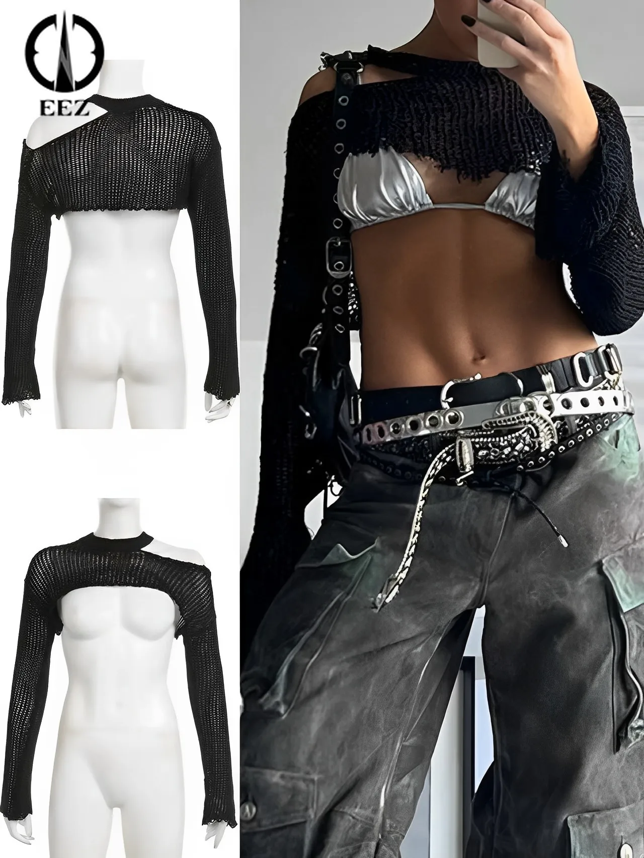 

Woolen Knitting Hollow Out Black Crop Top Women Fishnet Sweater Pullovers Long Sleeve Knitwear Slim Smock T-shirt Streetwear