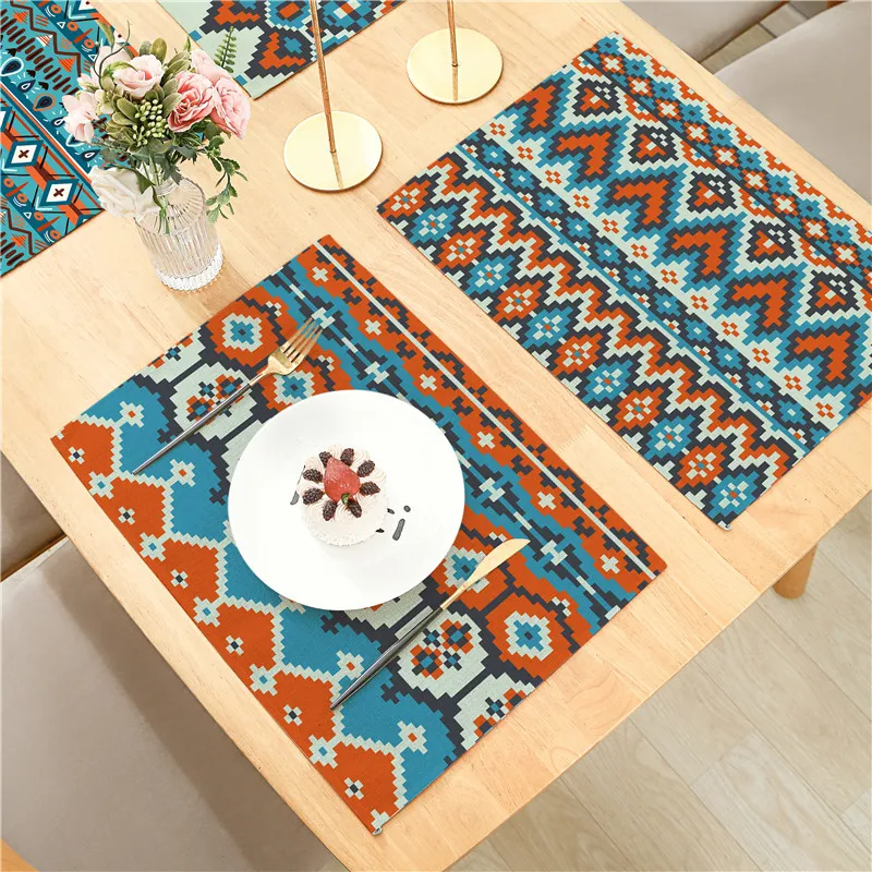 

Bohemian Green Blue Tones Round Rhombus Patterns Flax Insulated Placemat Decoration Dinner Table 42x32cm