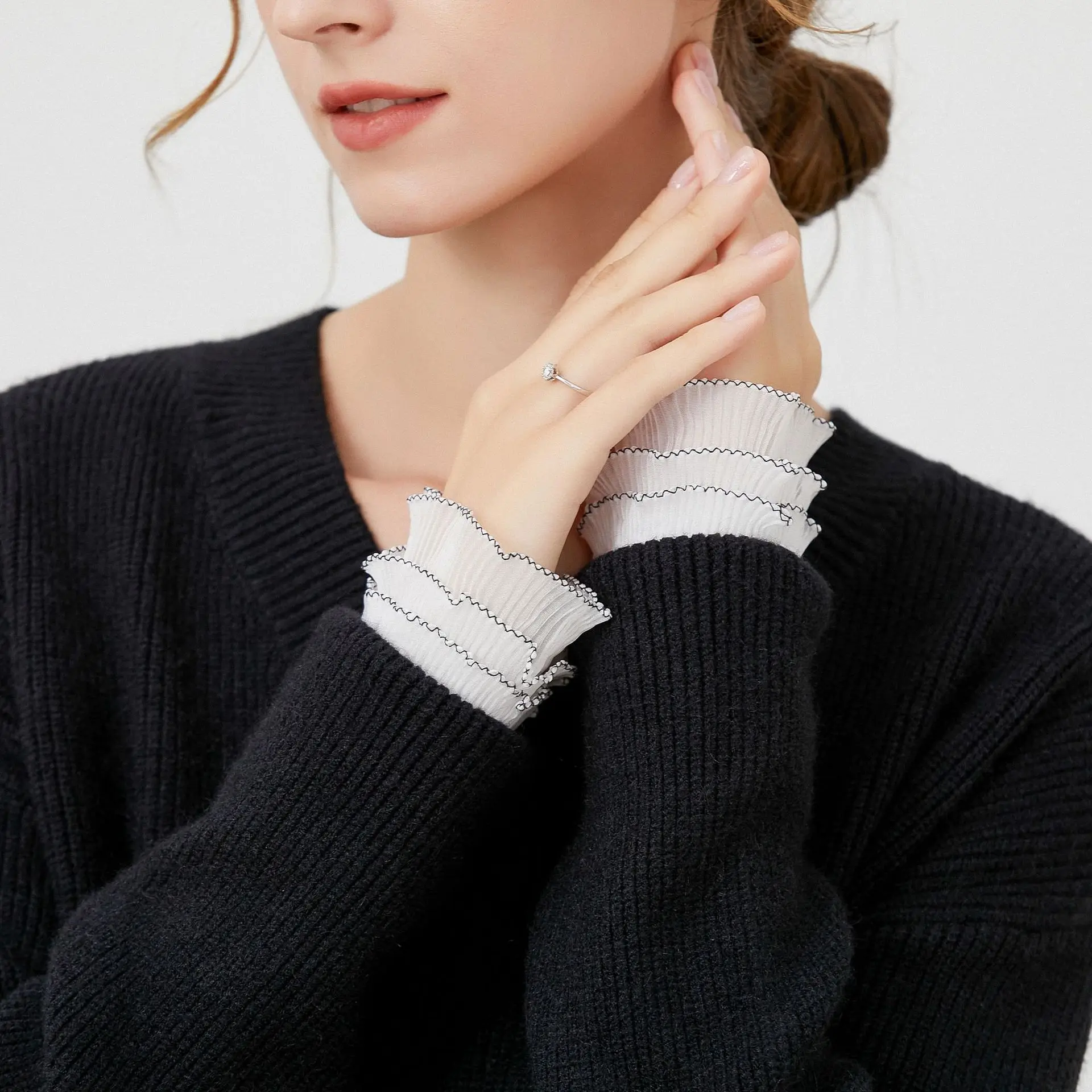 Manchette Universelle en Dentelle Plissée pour Femme, Fausse Manchette, Manches Évasées, Perle, Maille, 1 Paire