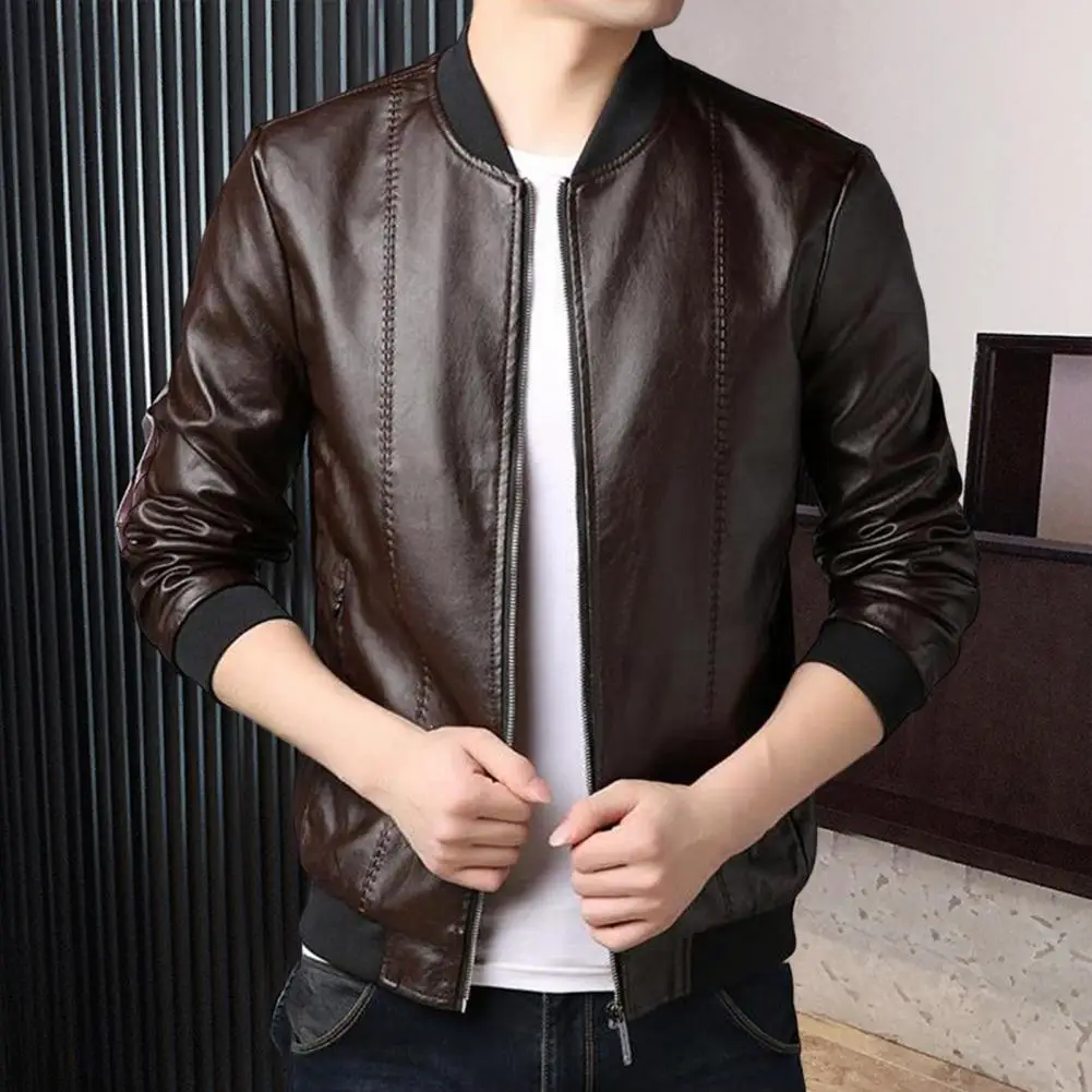 

Motorcycle Male Jacket Ribbed Cuff Pockets Bomber Jacket Slim Fit Zipper Baseball Jacket Solid Color Faux Leather Men Jacket