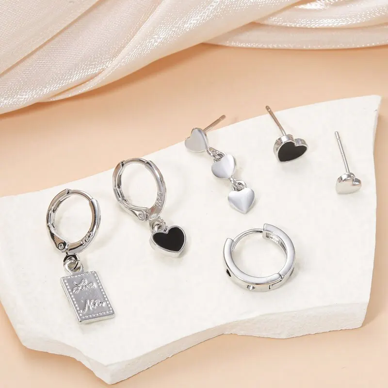 Sfacba982d86c44388baa3620884640a7s Silver Color Metal Earring set Love Heart Charm Earring Women Hoop Earring 6 on Irregular Geometric Cherry 6 PCs Set Mallzona