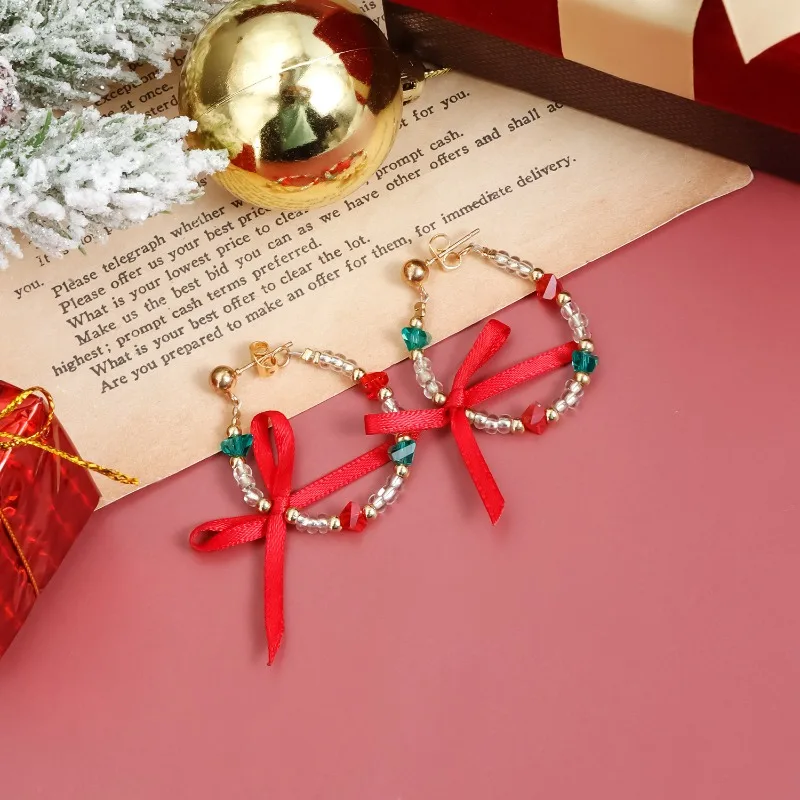 Cute Pearl Christmas Hat Pendant Necklace  for Women Green Red Beads Earrings Girls Gift Party New Year Jewelry Gifts