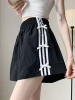 Black striped quick drying shorts Women's summer thin bow loose casual sweatpants A-line slimming wide-leg pants