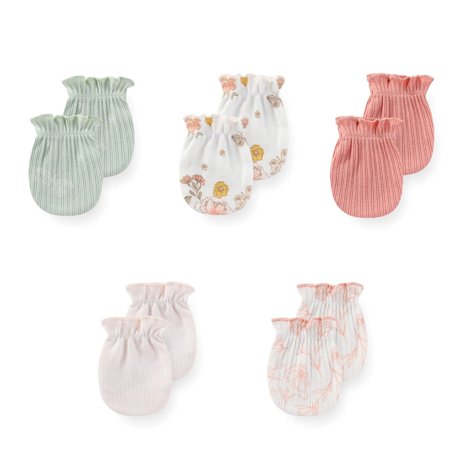 Newborn 5 Pairs Baby Girl Gloves Cotton Cartoon Print Baby Boy Mittens 0-6Months Solid Color Accessories