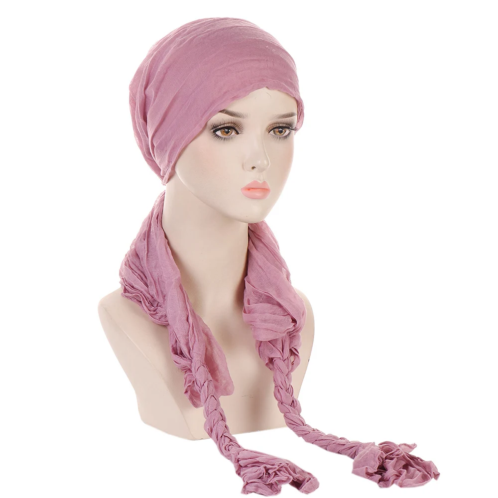 

Solid Color Women Hijab Hat Braided Cotton Linen Turban Caps Headscarf Bandana Scarf Neck Hat Islamic Head Wrap Hair Loss Cover