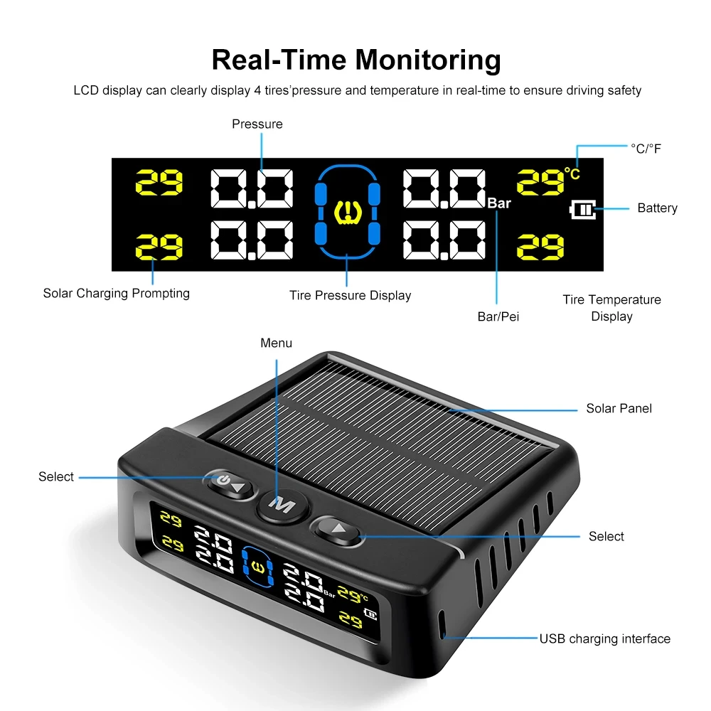 Solar Power TPMS Car Tire Pressure Alarm Monitor Intelligent Auto Security Alarm Digital Tyre Pressure Temperature Warning car tire pressure monitor