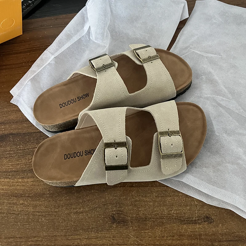 

2024 женские босоножки из пробки, замша из коровьей кожи, кожаные пробковые тапочки, Ретро стиль, цвет хаки, бриллианты, натуральная кожа