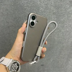 Luxury Titanium Gray Lanyard Phone Case with Metal Buttons and Grating Design - iPhone 15 Plus (Gray)