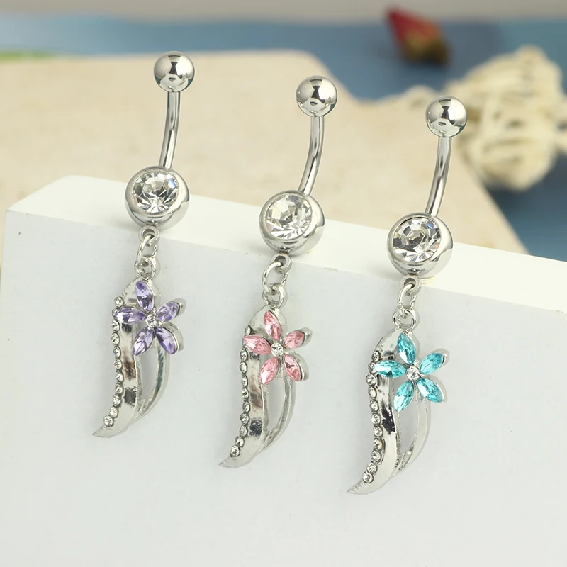 3 color mix Belly Button Rings Stainless Steel Butterfly Wing Flower Zircon Dangle for Women Belly Navel Rings Body Belly