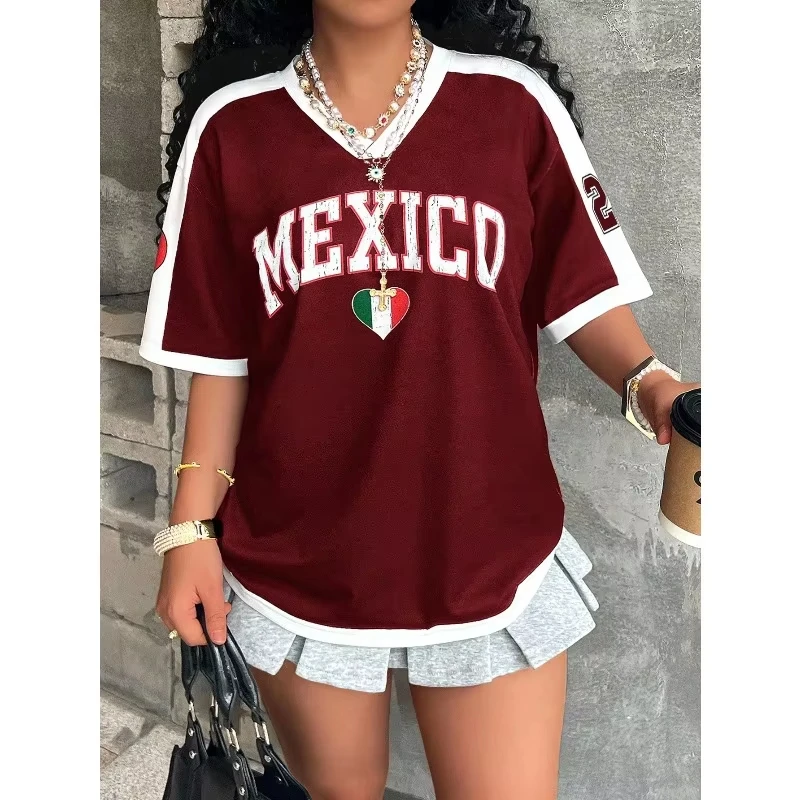 Sommerliches Damen-T-Shirt mit V-Ausschnitt im Mexiko-Stil, Grafikdruck mit MEXICO-Text und Herz-Design, Trendiges Casual-Oberteil, Fußball-Trikot, Y2K Loose Fit Top