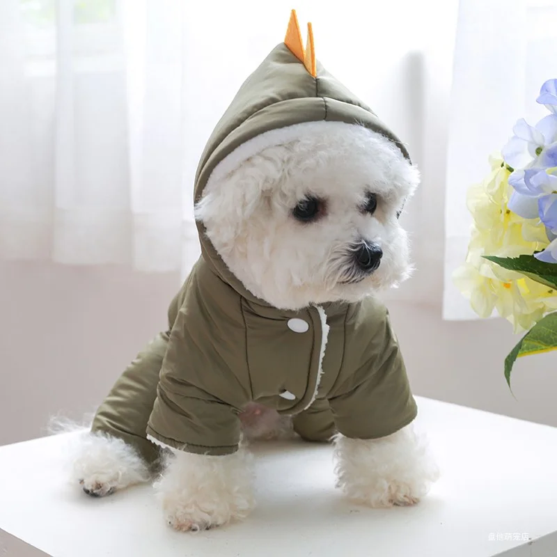 Pet Jacket 1PC Pet Clothing Dog Plush Insulation Plush Winter Snowy Green Dinosaur Cotton Coat Suitable for Small and Medium sized Dogs