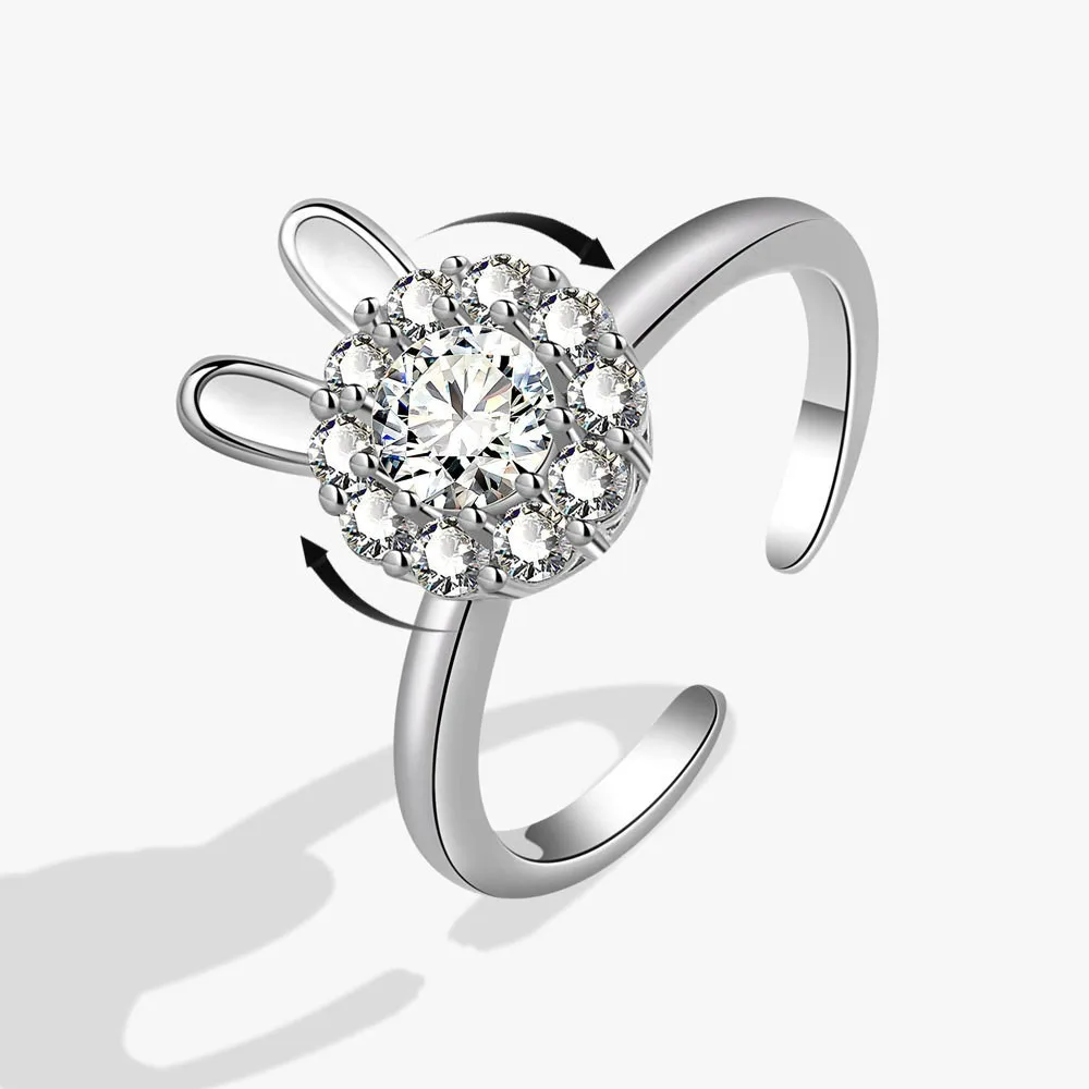 Cute Animal Bunny Rabbit Anti Stress Girls Ring Rotating Anxiety Relife Spinning Adjustable Open Knuckle Ring Anillos Mujer
